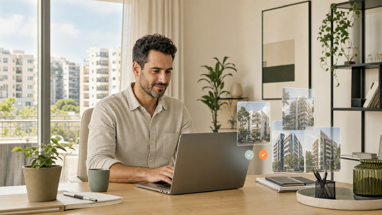 מתווך נדל"ן ישראלי עובד עם מערכת CRM חכמה על מחשב נייד, עם אייקונים של הודעות אוטומטיות, יומן סיורים ונכסים צפים ברקע, המדגימים אוטומציה יעילה בתיווך